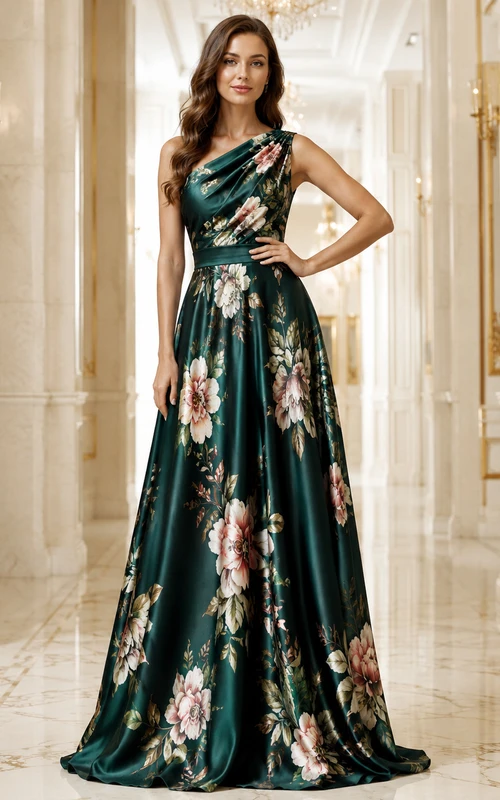 Dark Green Floral One Shoulder Satin A Line Formal Gown