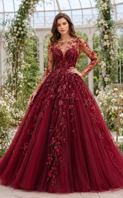 Burgundy Red Long Sleeve Floral Ball Gown Wedding Dress