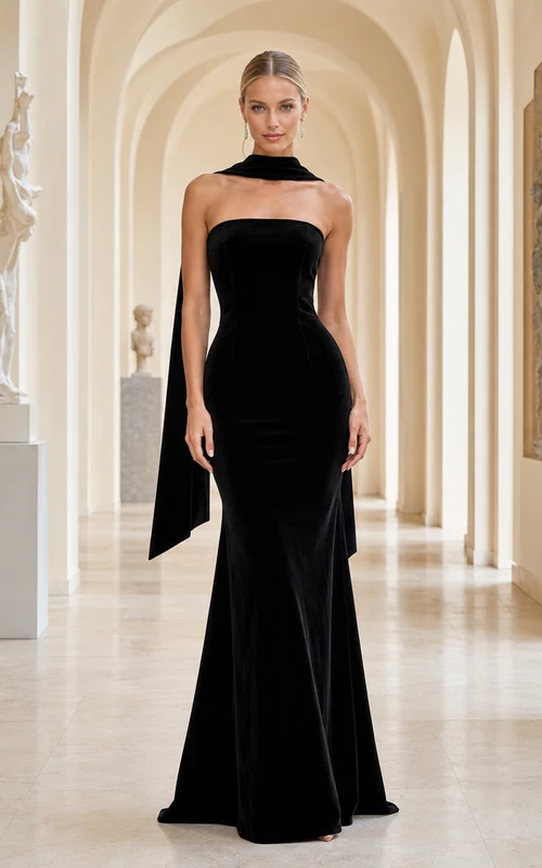 Vestido de invitada de lujo de terciopelo negro sin tirantes hasta el suelo con bufanda de museo