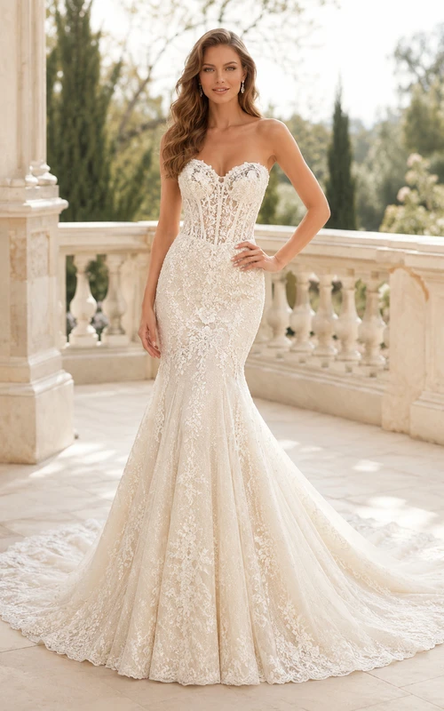 Trägerloses, romantisches Brautkleid mit Meerjungfrauen-Stil, floraler Spitze und Kapellenschleppe