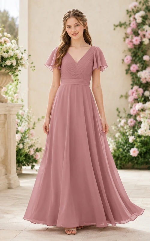 Vestido de dama de honor juvenil color rosa empolvado, corte en A, escote en V, manga corta, pétalos plisados, estilo romántico.