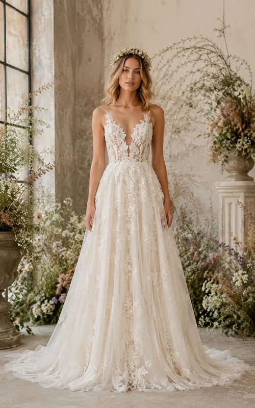 Boho A-Line Wedding Dress Sleeveless V-Neck Tulle Lace Applique Floor Length Chapel Train Ivory