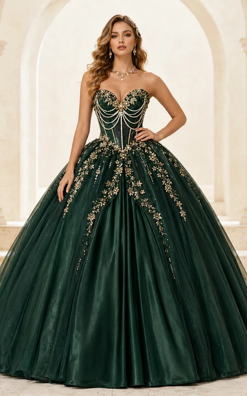 Dark Green Gold Luxury Strapless Pearl Draped Corset Quinceanera Princess Ball Gown