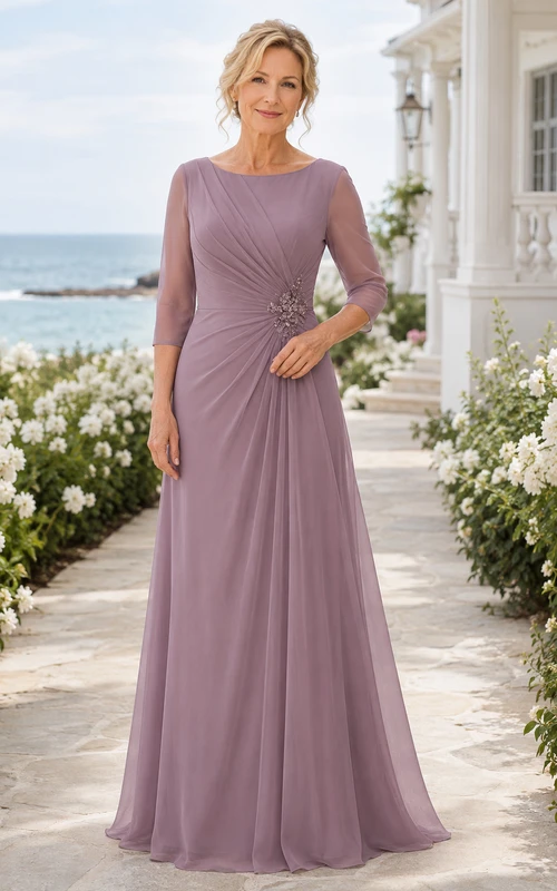 Mutterkleid aus altrosafarbenem Chiffon mit Bateau-A-Linie