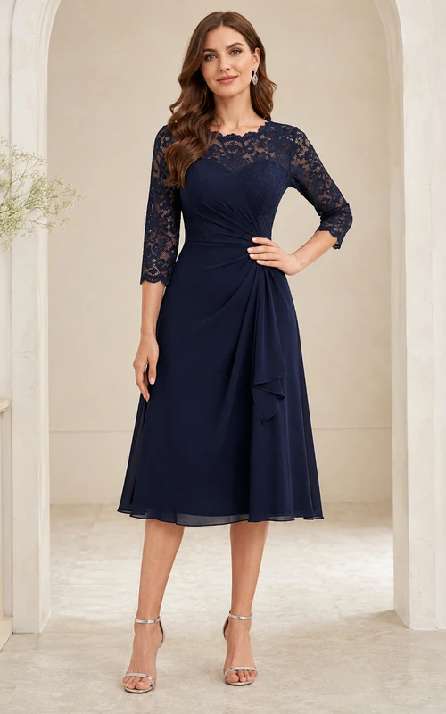 Vestido de maternidad Nocturne azul marino oscuro con escote barco, mangas acampanadas, encaje y gasa, corte en A, largo hasta la rodilla, efecto ilusión.