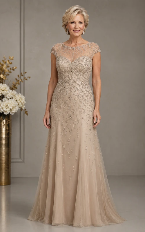 Vestido de madre con corpiño de tul y encaje color champán, corte en A.