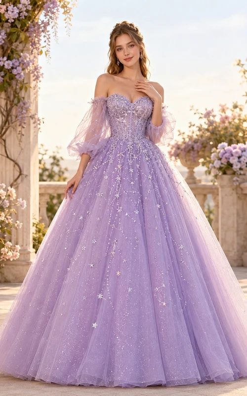 Lavender Tulle Off-the-shoulder Long Sleeve Sequin Ball Gown