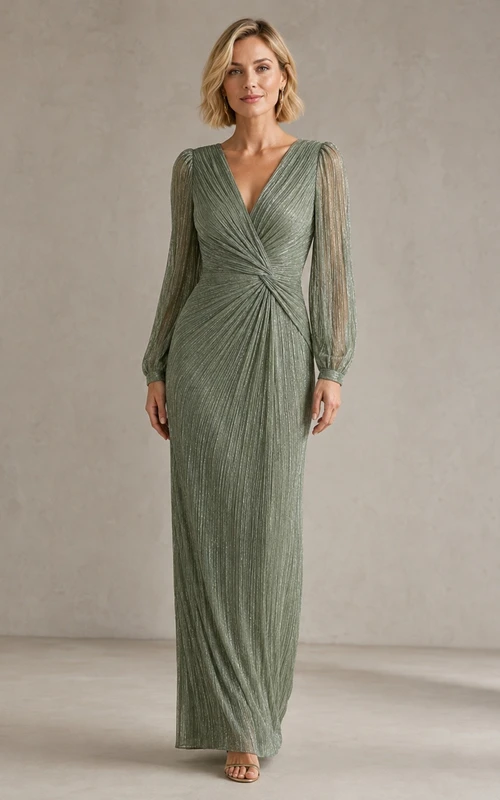 Vestido formal largo hasta el suelo, elegante y moderno, de jersey con cuello en V y mangas largas fruncidas, color verde salvia.