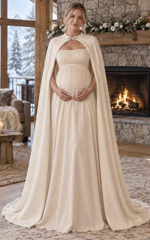 Vestido de novia sencillo de cuello alto color champán estilo Cape Empire para embarazadas