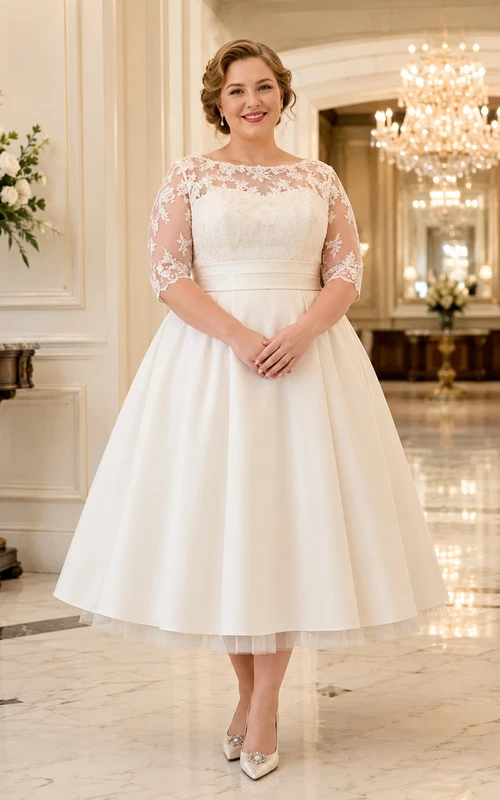 Modest Plus Size Tea-Length Bateau Three-Quarter Satin Vintage Wedding Dress