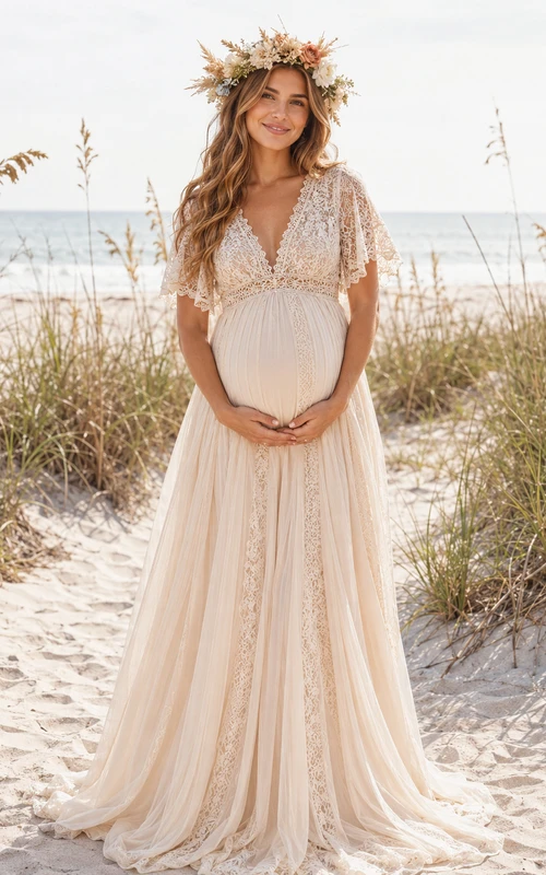 Maternity Wedding Dress V-Neck Lace Flutter Sleeve Beach Bridal Gown