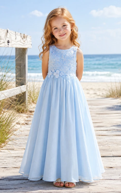 A-Line Summer Beach Flower Girl Dress with Sleeveless Bodice, Flowing Chiffon Skirt, Floor-Length Hem, Natural Waist, Coastal Ceremony Style