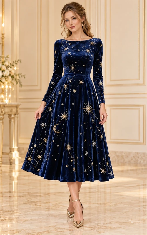 Dark Navy Boat Neck Long Sleeve Celestial Velvet Dress