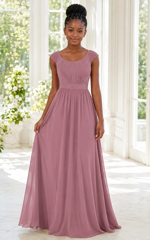 Vestido de dama de honor juvenil color rosa empolvado, corte en A, escote redondo, mangas cortas tipo casquillo.