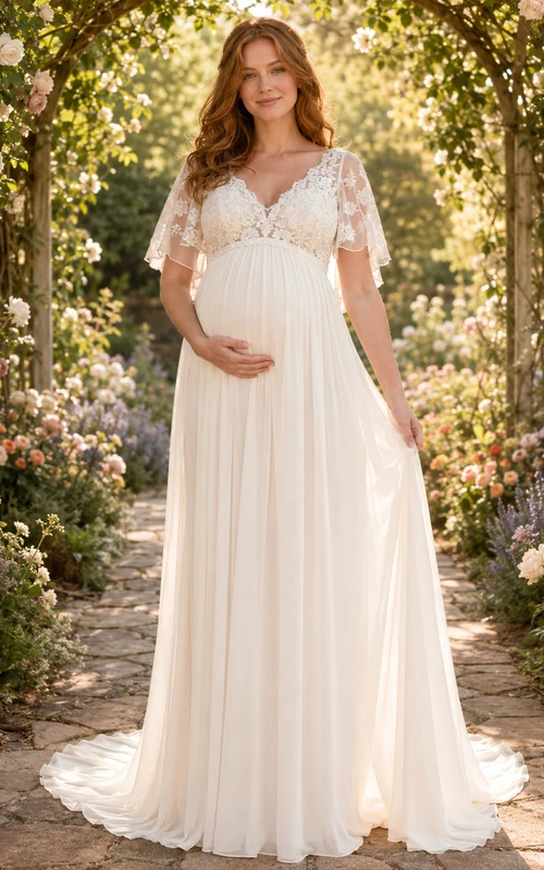 Maternity Wedding Dress V-Neck Flutter Lace Sleeve Garden Bridal Gown