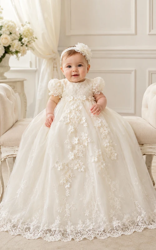Floral Applique Christening Gown A-Line Tulle Lace Short Sleeve Floor-Length