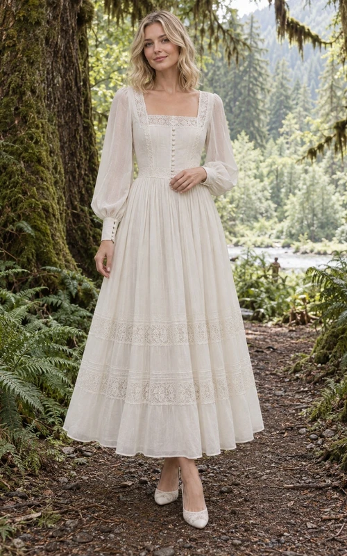 Vestido de novia vintage de corte A con mangas largas, cuello cuadrado y volantes, largo hasta la rodilla, de voile de algodón.
