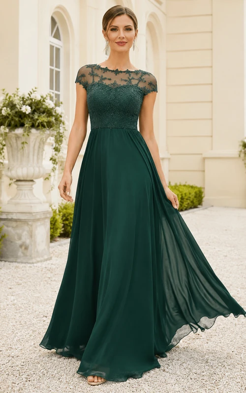 Elegantes, dunkelgrünes Chiffonkleid in A-Linie, bodenlang, mit hohem Kragen und Spitze