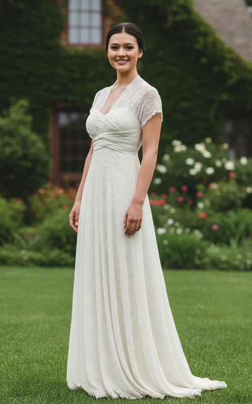 Elegante vestido de novia de encaje con mangas cortas y corpiño cruzado.
