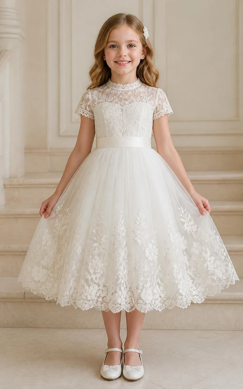 Modest Tea-length Ball Gown High Neck Short Sleeve Lace Flowergirl Dress