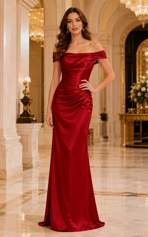 Red Off Shoulder Draped Satin Mermaid Evening Gown