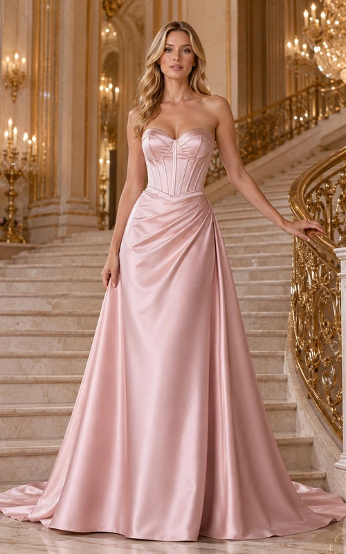 Dusty Pink Strapless Corset Satin A-Line Ballroom Bridal Gown