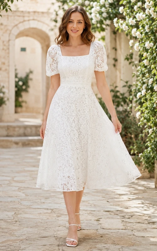 Vintage Tea-Length Lace A-Line Square Neck Short Sleeve Wedding Dress