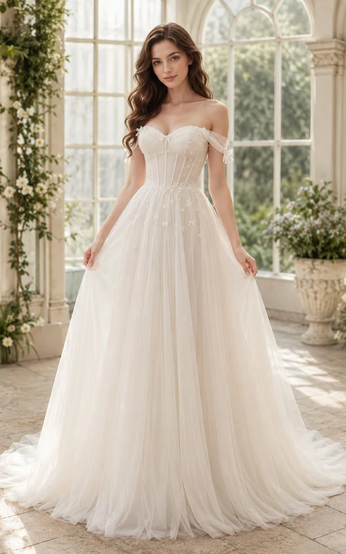 Schulterfreies A-Linien-Brautkleid aus Tüll mit Korsett-Oberteil