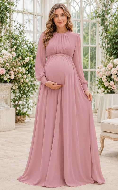 Schlichtes, hochgeschlossenes Umstandskleid aus Chiffon in Empire-Länge, staubrosafarbenem Ton mit Poetenärmeln