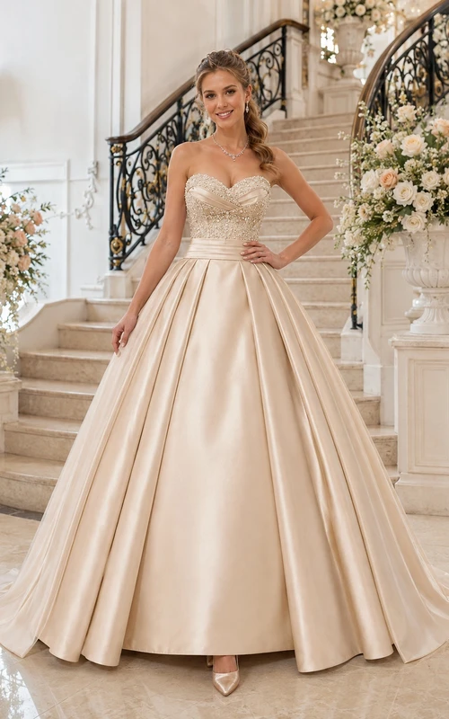 Vestido de fiesta de satén color champán, sin tirantes, con escote corazón, bordados y cola larga, estilo princesa.