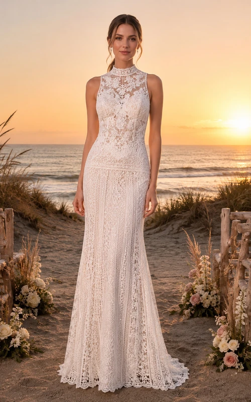 robe de mariée fourreau en dentelle sans manches à col montant pour renouvellement de vœux