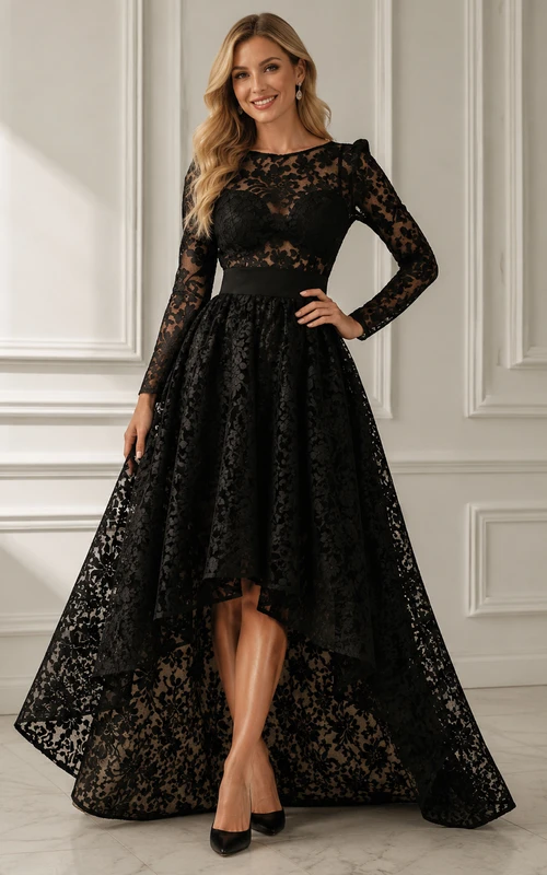 Robe de bal spectaculaire en dentelle damassée noire asymétrique.
