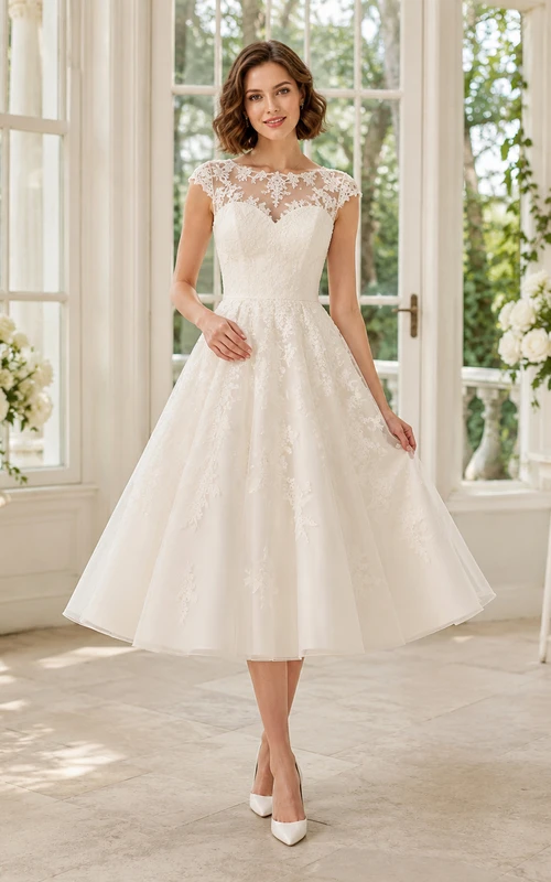 Vestido de novia clásico vintage británico de encaje con mangas cortas y escote barco hasta la rodilla
