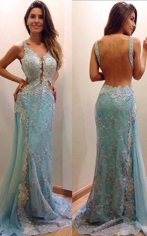 Abendkleid in A-Linie mit zarten Spitzenapplikationen, Meerjungfrauen-Schnitt und offenem Rücken