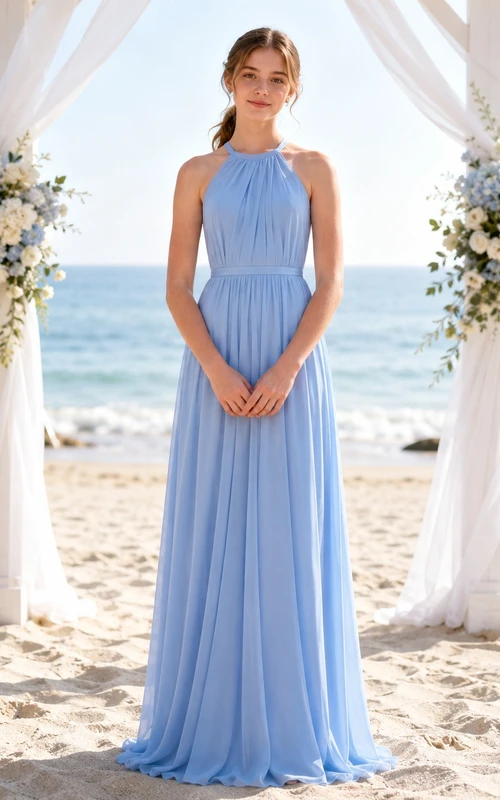 Himmelblaues Brautjungfernkleid für junge Mädchen, A-Linie, Neckholder, ärmellos, mit Falten, romantisch