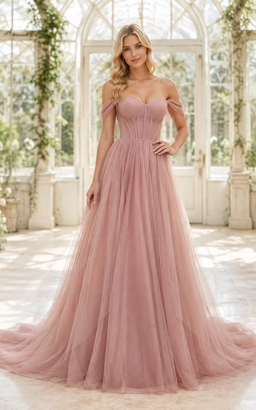 Vestido de novia de tul color rosa empolvado con mangas cortas, hombros descubiertos, corte en A y cola.