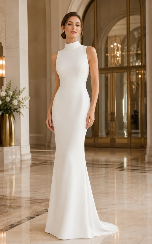 Vestido de novia de crepé de cuello alto y espalda descubierta para salón de baile