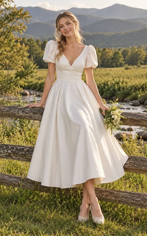 Vestido de novia sencillo de corte A, largo hasta la rodilla, cuello en V, manga corta, de satén de algodón plisado.
