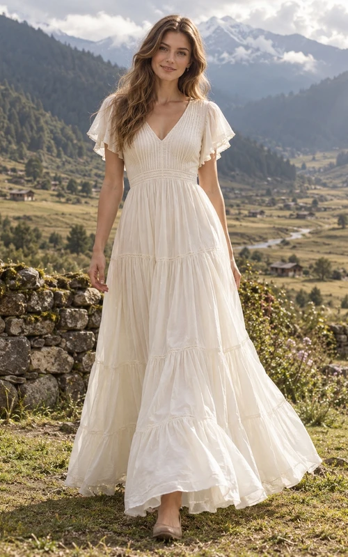 Schlichtes, knöchellanges A-Linien-Brautkleid mit V-Ausschnitt, kurzen Ärmeln und Stufenrock im Landhausstil