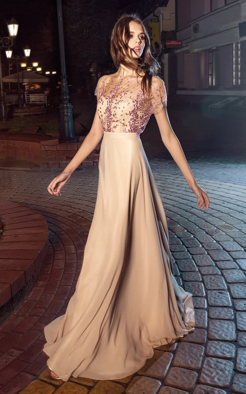 Robe longue trapèze en jersey illusion à manches bouffantes et appliques