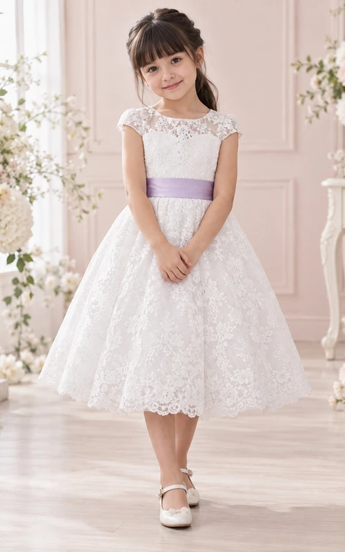 Vestido de niña de flores blanco modesto hasta la rodilla con estampado floral, corte en A, mangas cortas de encaje y fajín lavanda.