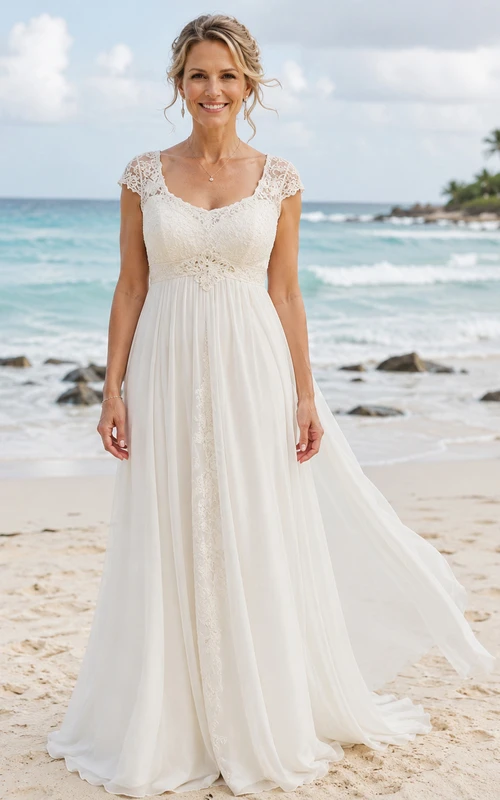 Empire-Taille, A-Linien-Brautkleid für ältere Bräute mit Spitzenärmeln