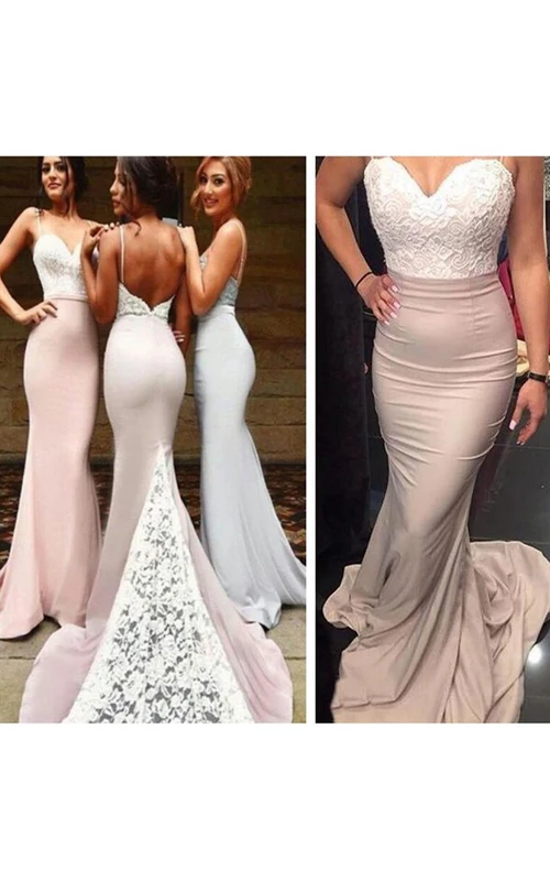 Meerjungfrauen-Trompeten-Kleid aus Satin, ärmellos, Spaghettiträger, Reißverschluss, tiefem V-Ausschnitt am Rücken