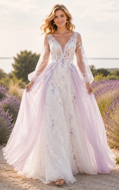 Lavendelfarbenes Brautkleid in A-Linie mit Ombré-Effekt, V-Ausschnitt, langen Ärmeln und Kapellenschleppe aus Spitze.