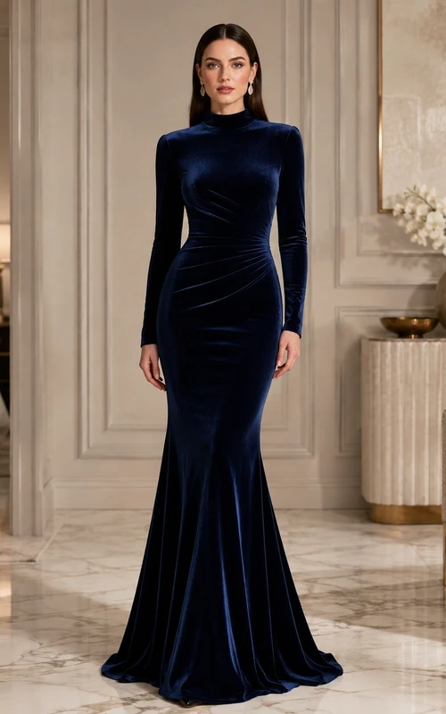 Vestido de noche sexy de terciopelo azul marino oscuro, manga larga y cuello alto, estilo sirena, largo hasta el suelo