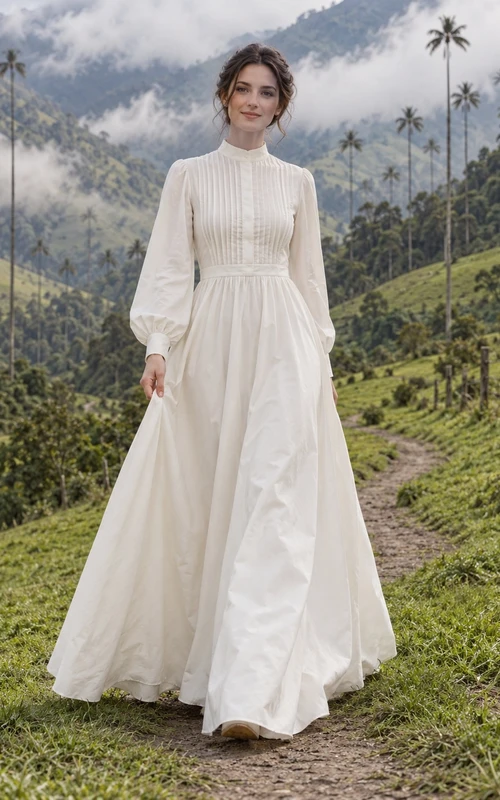 Vestido de novia de popelina de algodón de manga larga y cuello alto con pliegues y falda en línea A.