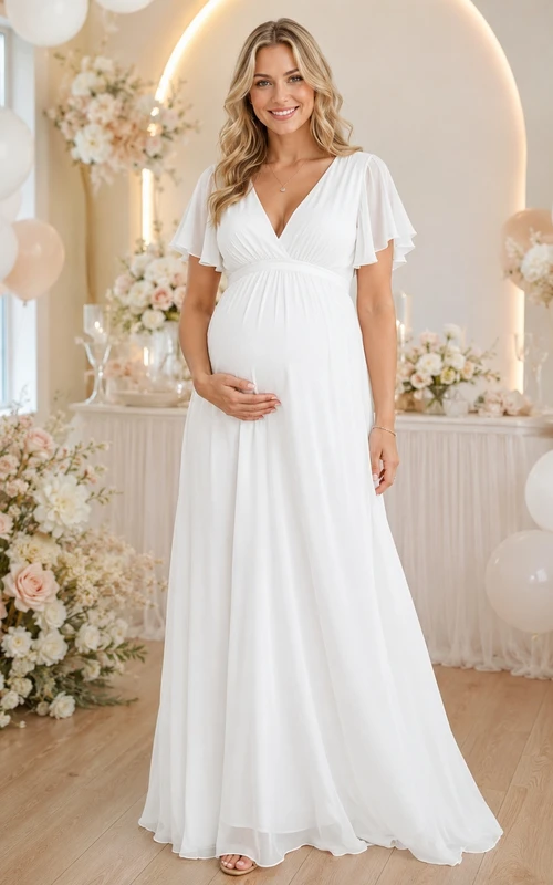 Weißes Chiffon-Umstandskleid mit V-Ausschnitt, kurzen Ärmeln, Empire-Schnitt, A-Linie, bodenlang, romantisch-elegant, Gartenkleid