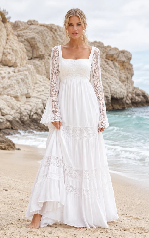 Boho Modest Square Neck Long Sleeve Tiered Chiffon Beach Dress