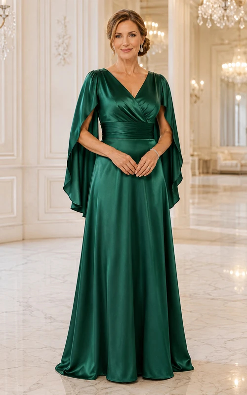 MOB-Kleid, dunkelgrün, Satin, A-Linie, Cape-Ärmel, V-Ausschnitt, bodenlang, Cape-Ärmel-Detail