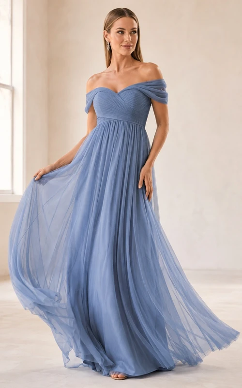 Vestido formal largo hasta el suelo, de gasa azul pizarra, con hombros descubiertos, manga corta, corte imperio y corte en A.